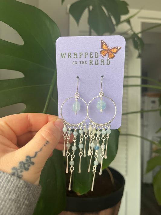 Aquamarine Silver Waterfall Hoops
