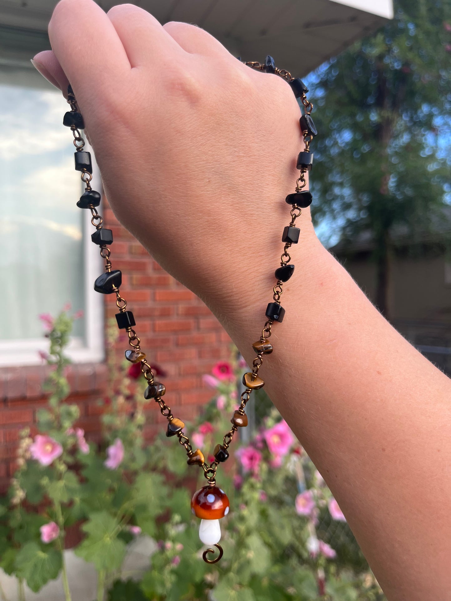 Mushroom Necklace w/ Tigers Eye and Obsidian