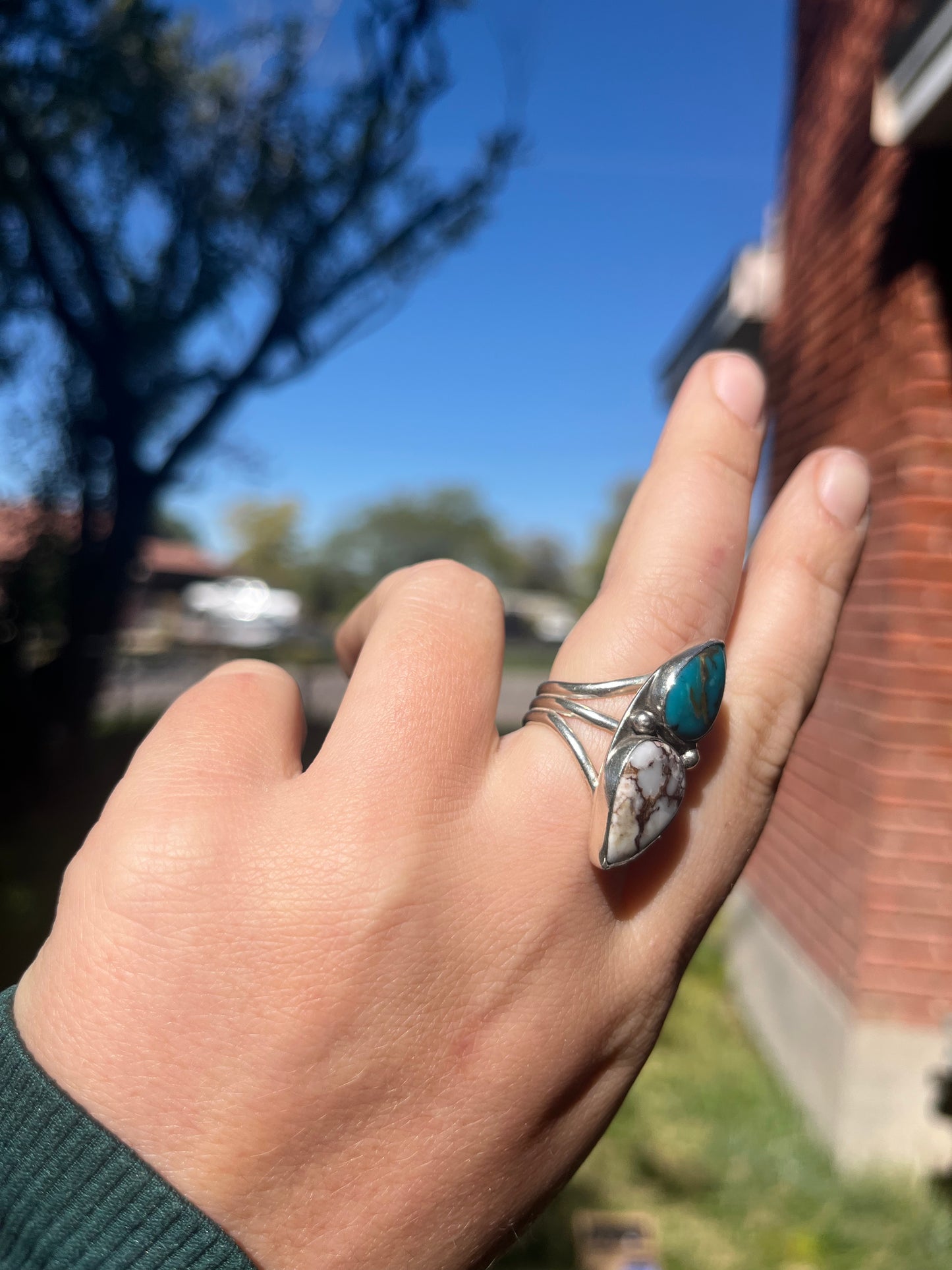 Egyptian Turquoise & Whitehorse Triple Band Ring Sz 8.25